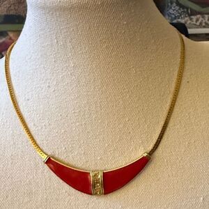 Vintage 80’s Signed Avon Gold Tone “Dramatic Style”Necklace with Red Motif.